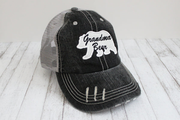 Mama or Grandma Bear Grey Distressed Trucker Hat - Forever Stitches
