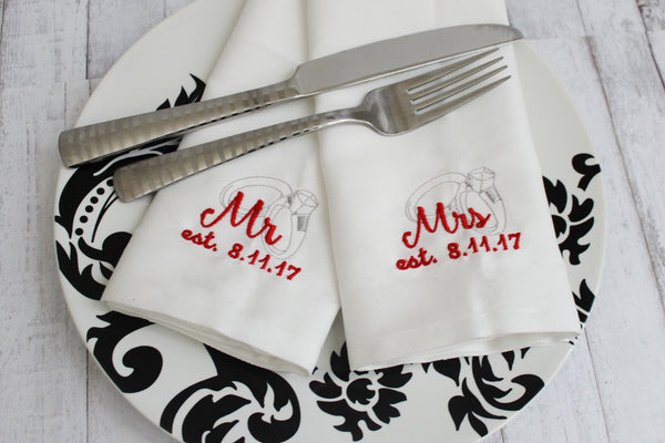 Mr. and Mrs. Napkin Set of 2 Customize with Wedding Date - Forever Stitches