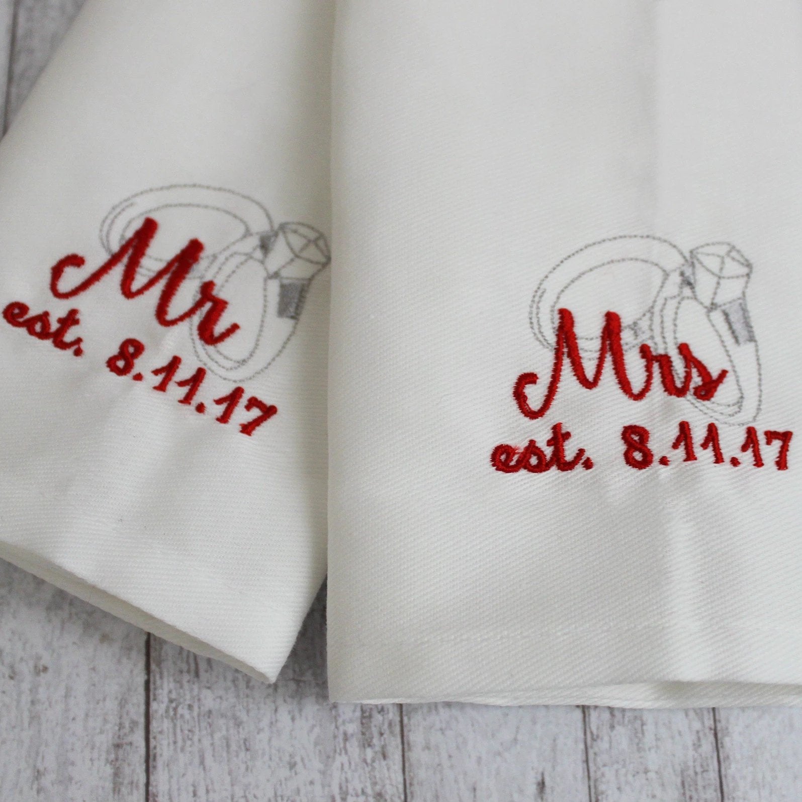 Mr. and Mrs. Napkin Set of 2 Customize with Wedding Date - Forever Stitches