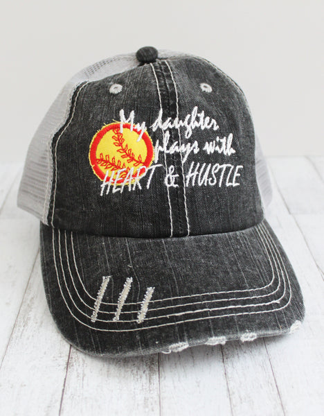 Heart & Hustle Softball Mom Distressed Trucker Hat - Forever Stitches